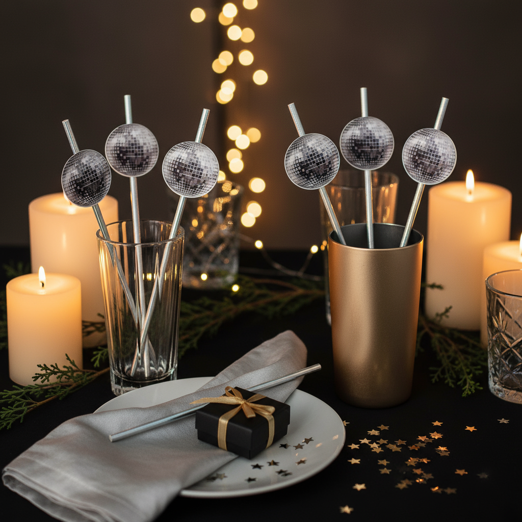 Disco Ball Drink Stirrers: New Year's Paper Drink Straws & Table Decor- 12pk