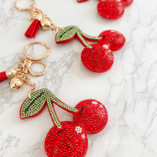 Cherry Rhinestone Keychain – Cute Bag Charm, Gift for Her, Keyring Accessory