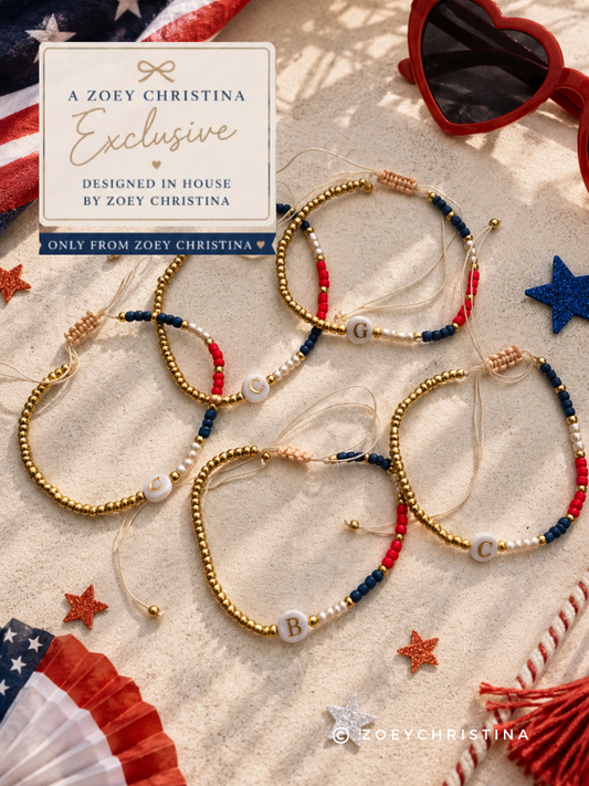 Patriotic Initial Bracelet: 4th of July Summer Jewelry Gift, America 250th Celebration