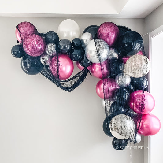 Death to My Youth Balloon Garland Kit β Deep Pink, Black & Silver Party Decor