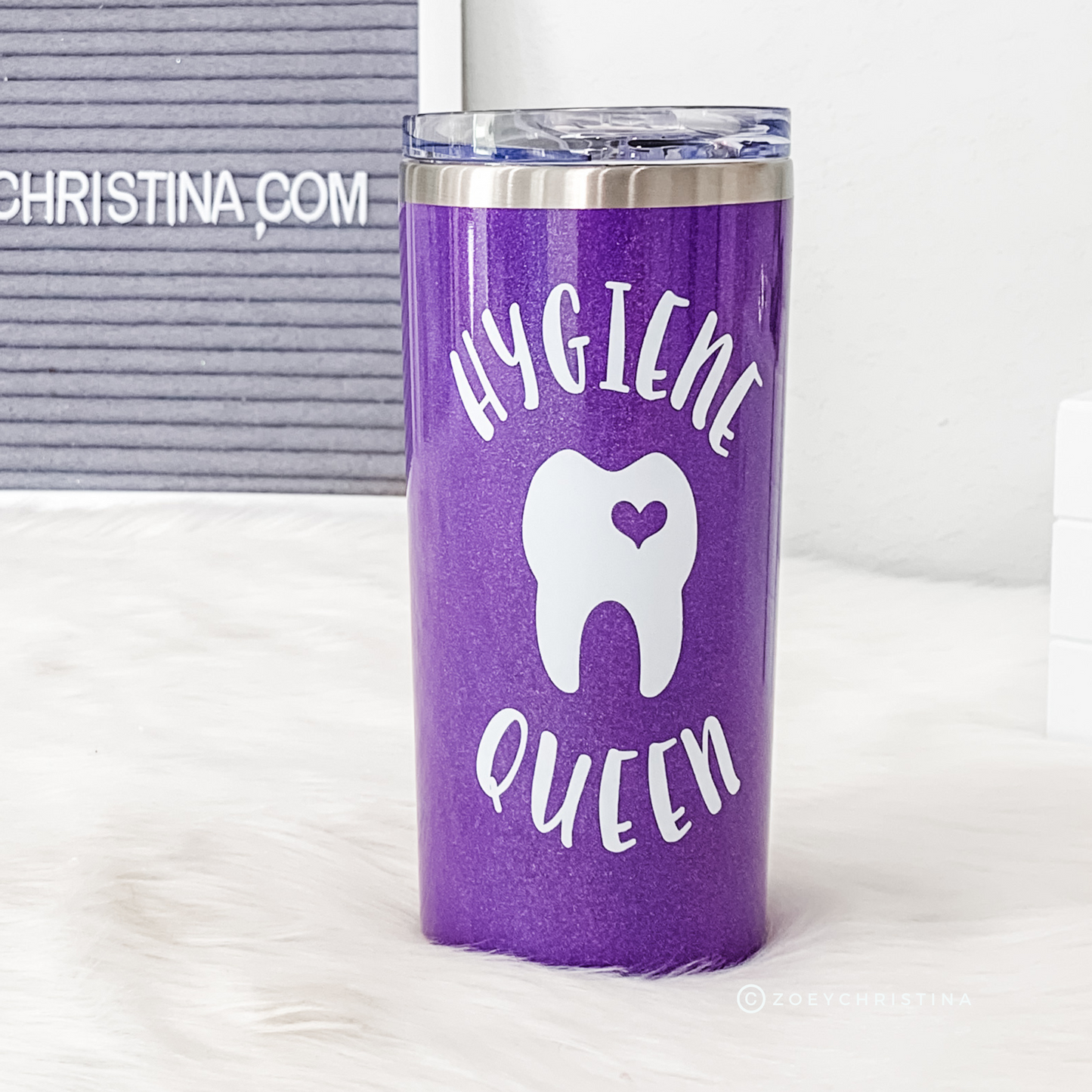 Hygiene Queen Tumbler – Purple Glitter Dental Tumbler for Dental Hygienists – 16 oz Stainless Steel Cup with Lid & Straw – Limited Edition Dental Assistant Gift