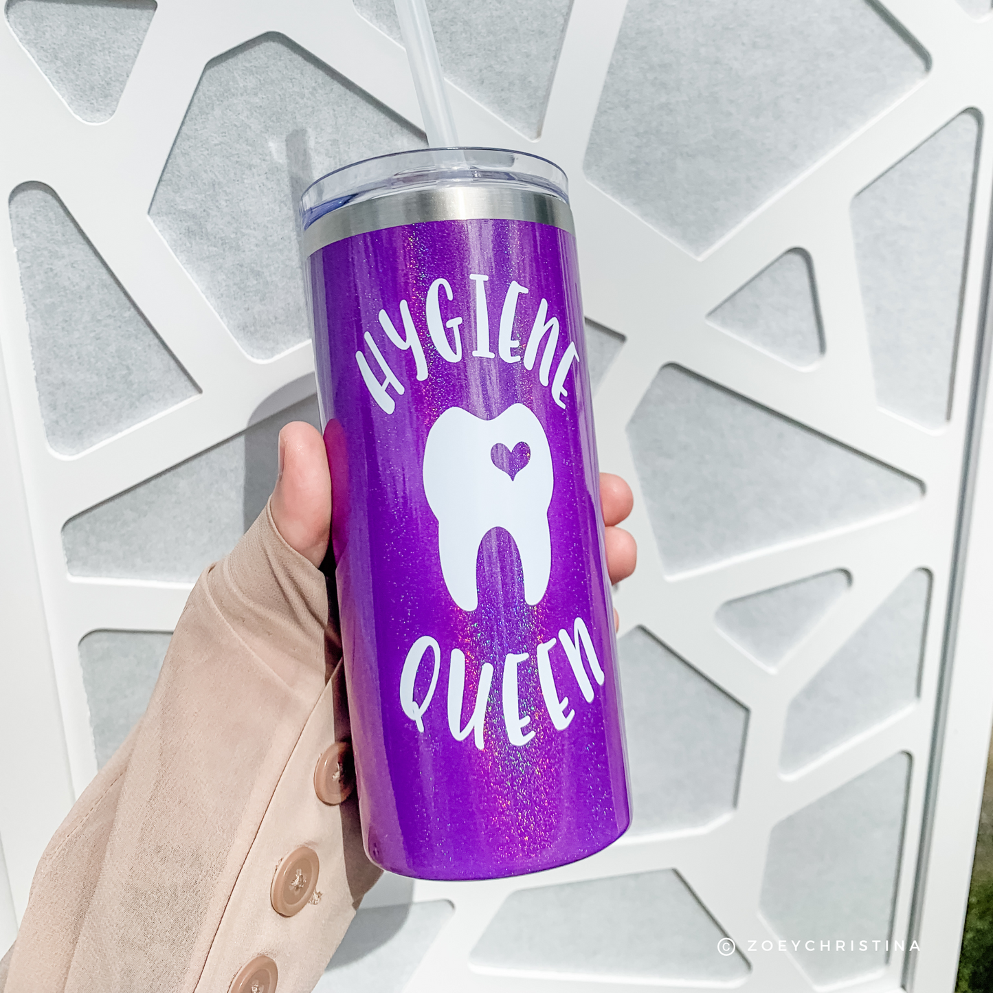Hygiene Queen Tumbler – Purple Glitter Dental Tumbler for Dental Hygienists – 16 oz Stainless Steel Cup with Lid & Straw – Limited Edition Dental Assistant Gift