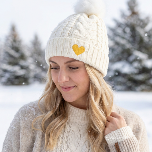 Winter Beanie Pom Hat - Heart Embellishment