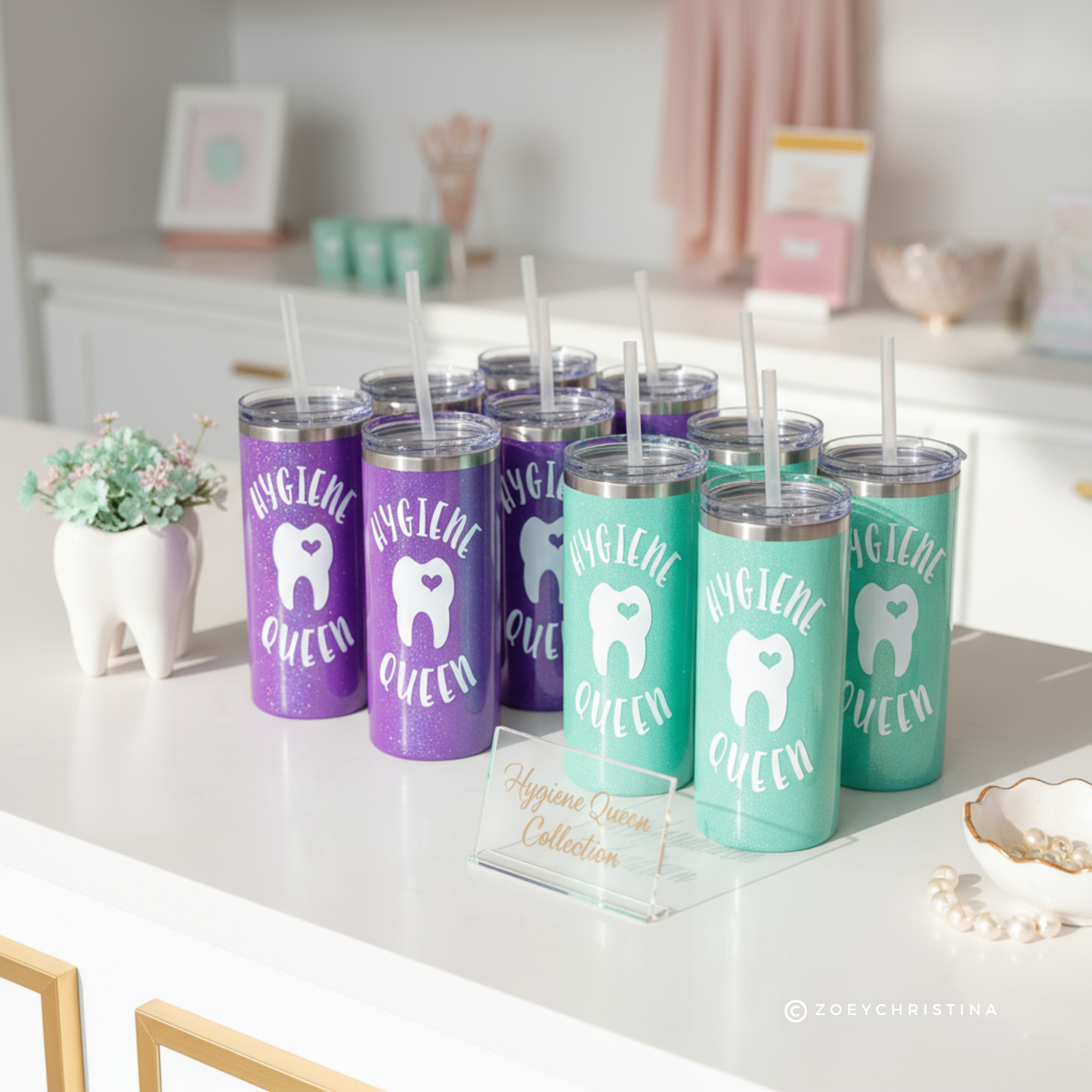 Hygiene Queen Tumbler – Purple Glitter Dental Tumbler for Dental Hygienists – 16 oz Stainless Steel Cup with Lid & Straw – Limited Edition Dental Assistant Gift