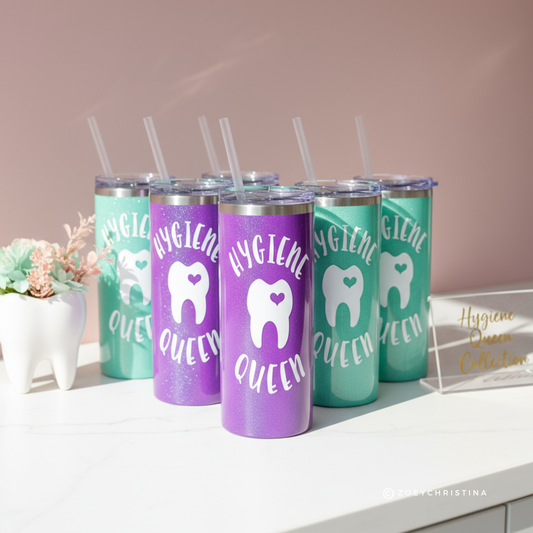 Hygiene Queen Tumbler – Purple Glitter Dental Tumbler for Dental Hygienists – 16 oz Stainless Steel Cup with Lid & Straw – Limited Edition Dental Assistant Gift
