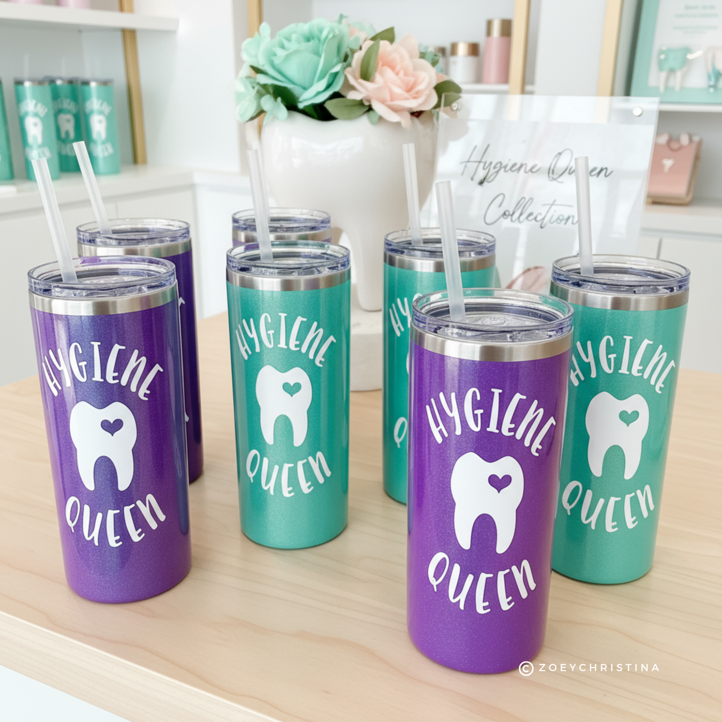 Hygiene Queen Tumbler – Purple Glitter Dental Tumbler for Dental Hygienists – 16 oz Stainless Steel Cup with Lid & Straw – Limited Edition Dental Assistant Gift