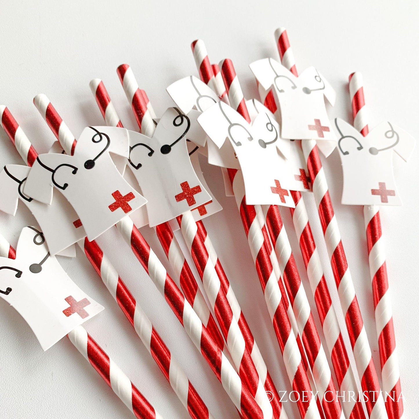 Nurse Party Paper Straws – 12 Pack Red Striped Straws with Scrub Top Cutouts