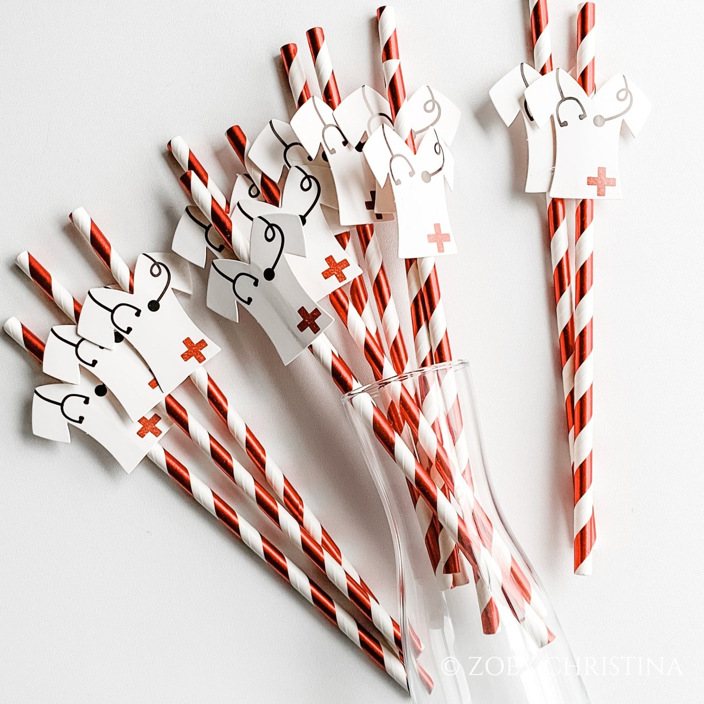 Nurse Party Paper Straws – 12 Pack Red Striped Straws with Scrub Top Cutouts
