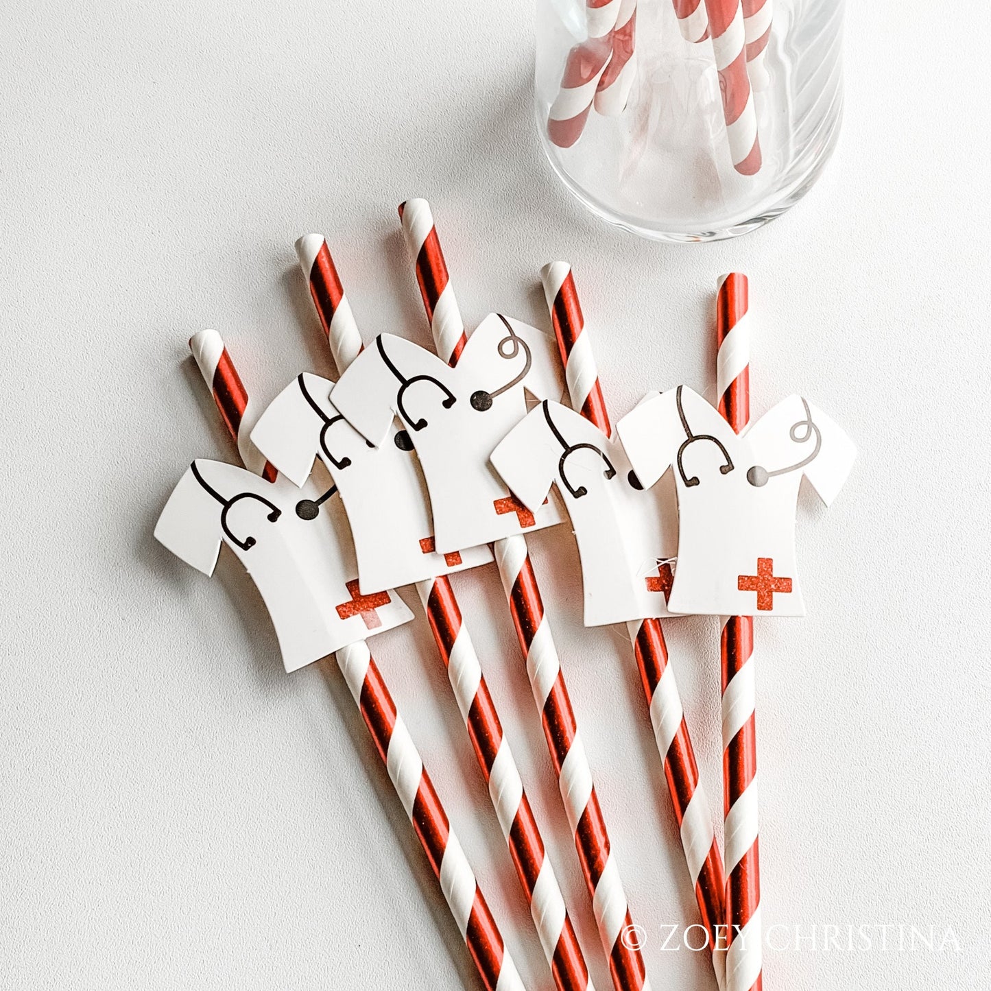 Nurse Party Paper Straws – 12 Pack Red Striped Straws with Scrub Top Cutouts