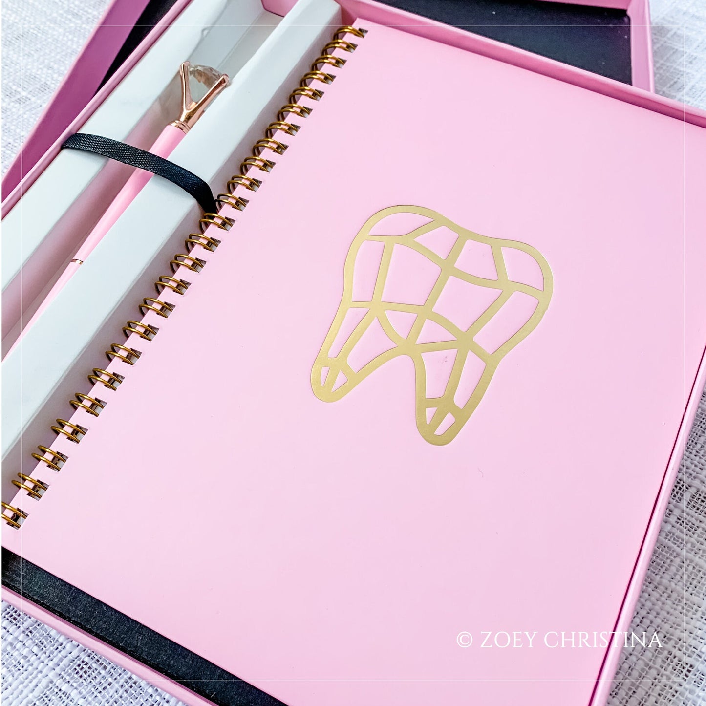 Dental-Themed Stationery Set – Pink Notebook & Crystal Pen Gift Box