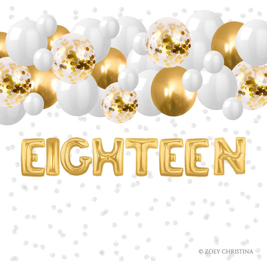18th Birthday Balloon Garland & Foil Letter Kit – "EIGHTEEN" Foil Balloons
