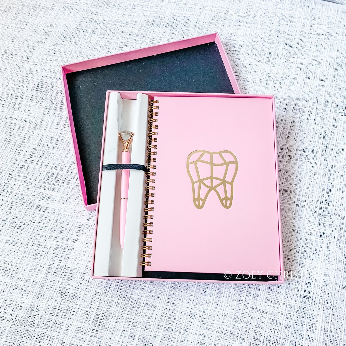 Dental-Themed Stationery Set – Pink Notebook & Crystal Pen Gift Box