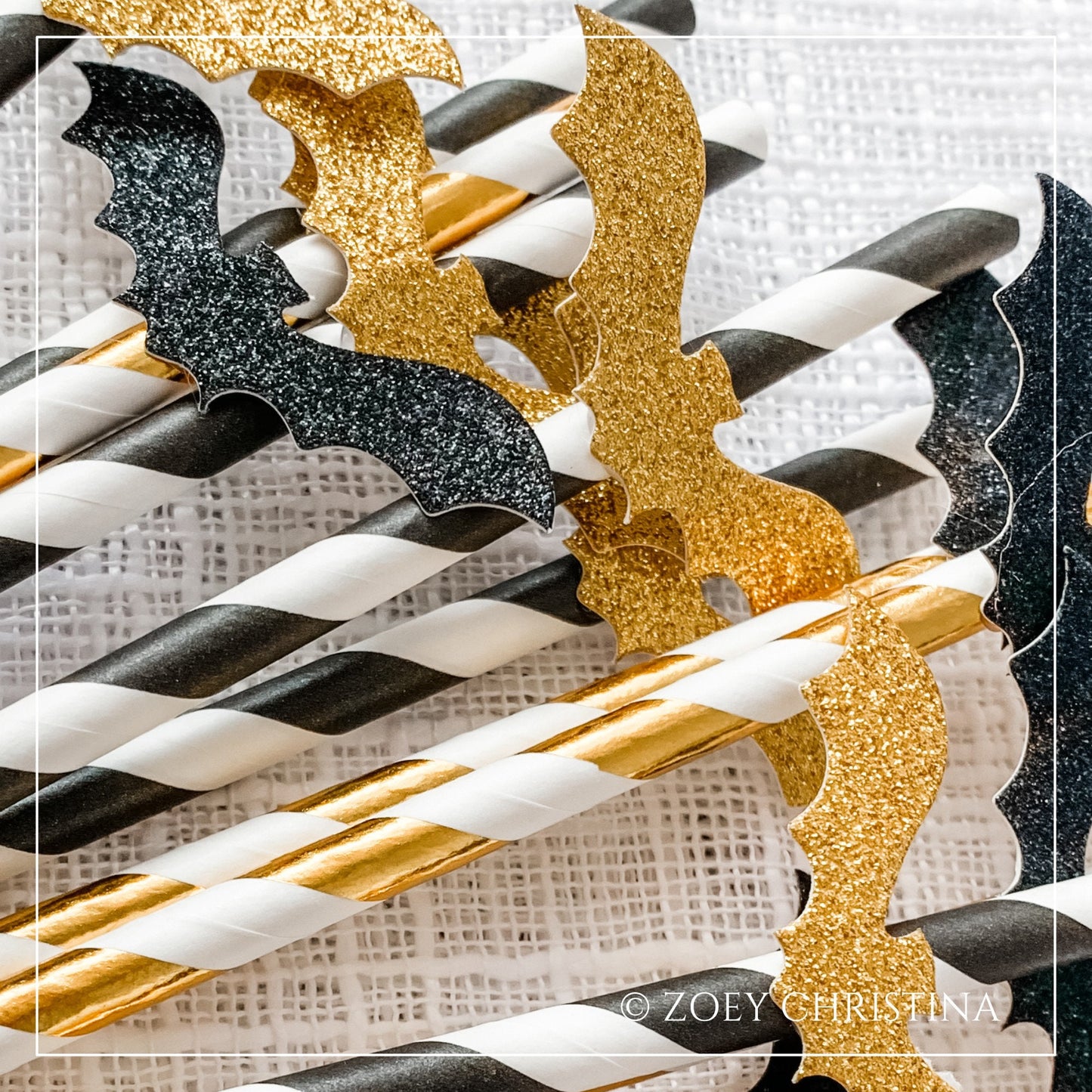 Gold & Black Paper Straws – 12-Pack with Glitter Bat Cutouts