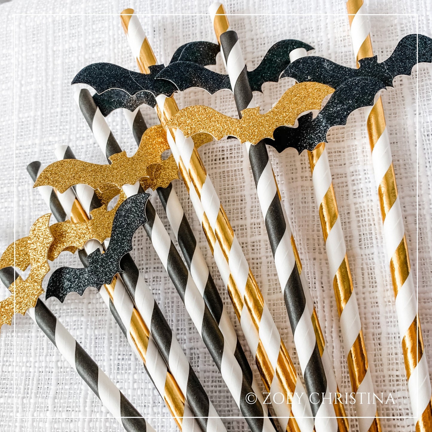 Gold & Black Paper Straws – 12-Pack with Glitter Bat Cutouts
