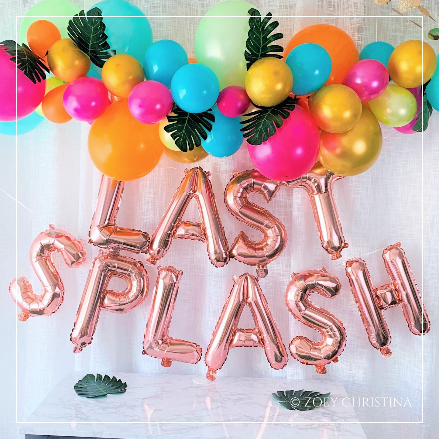 🌴 Tropical "Last Splash" Balloon Garland Kit – 6 Ft Arch with Palm Leaves & Foil Letters