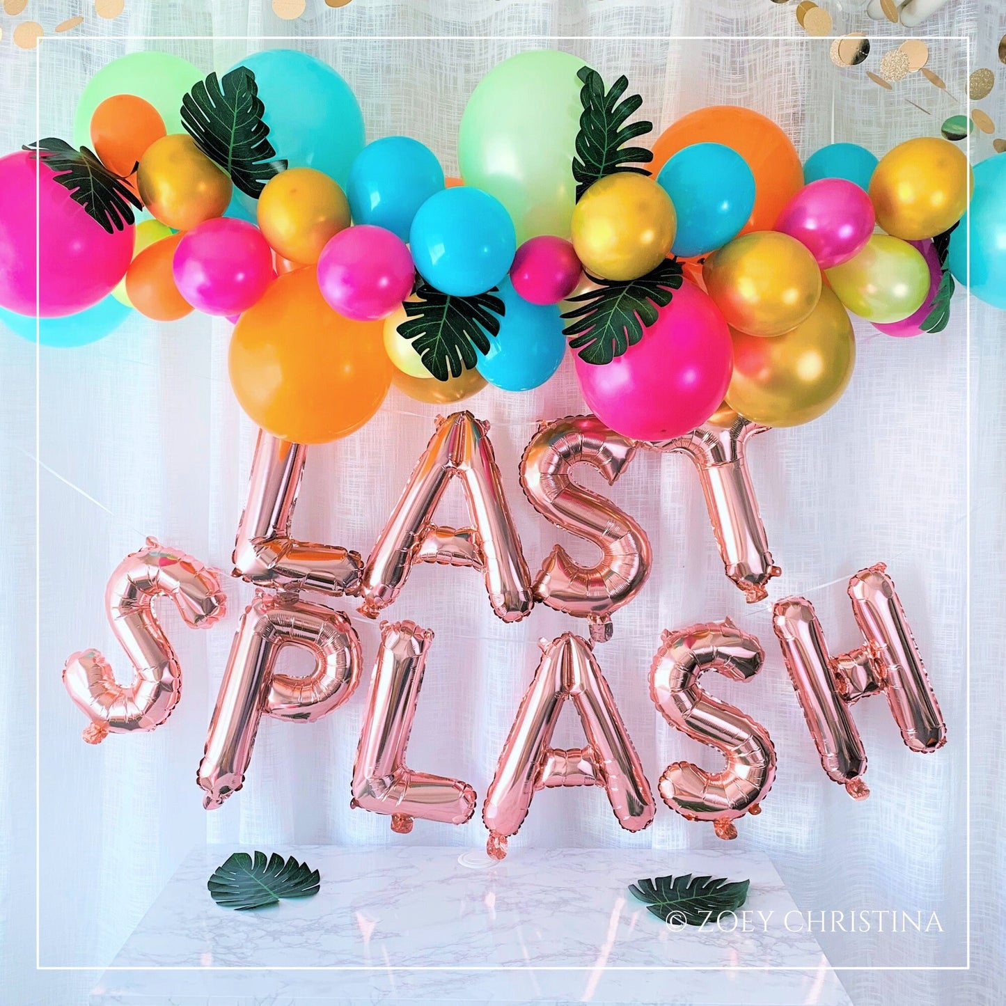 🌴 Tropical "Last Splash" Balloon Garland Kit – 6 Ft Arch with Palm Leaves & Foil Letters
