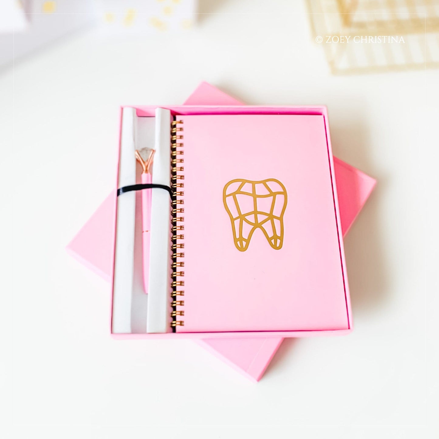 Dental-Themed Stationery Set – Pink Notebook & Crystal Pen Gift Box