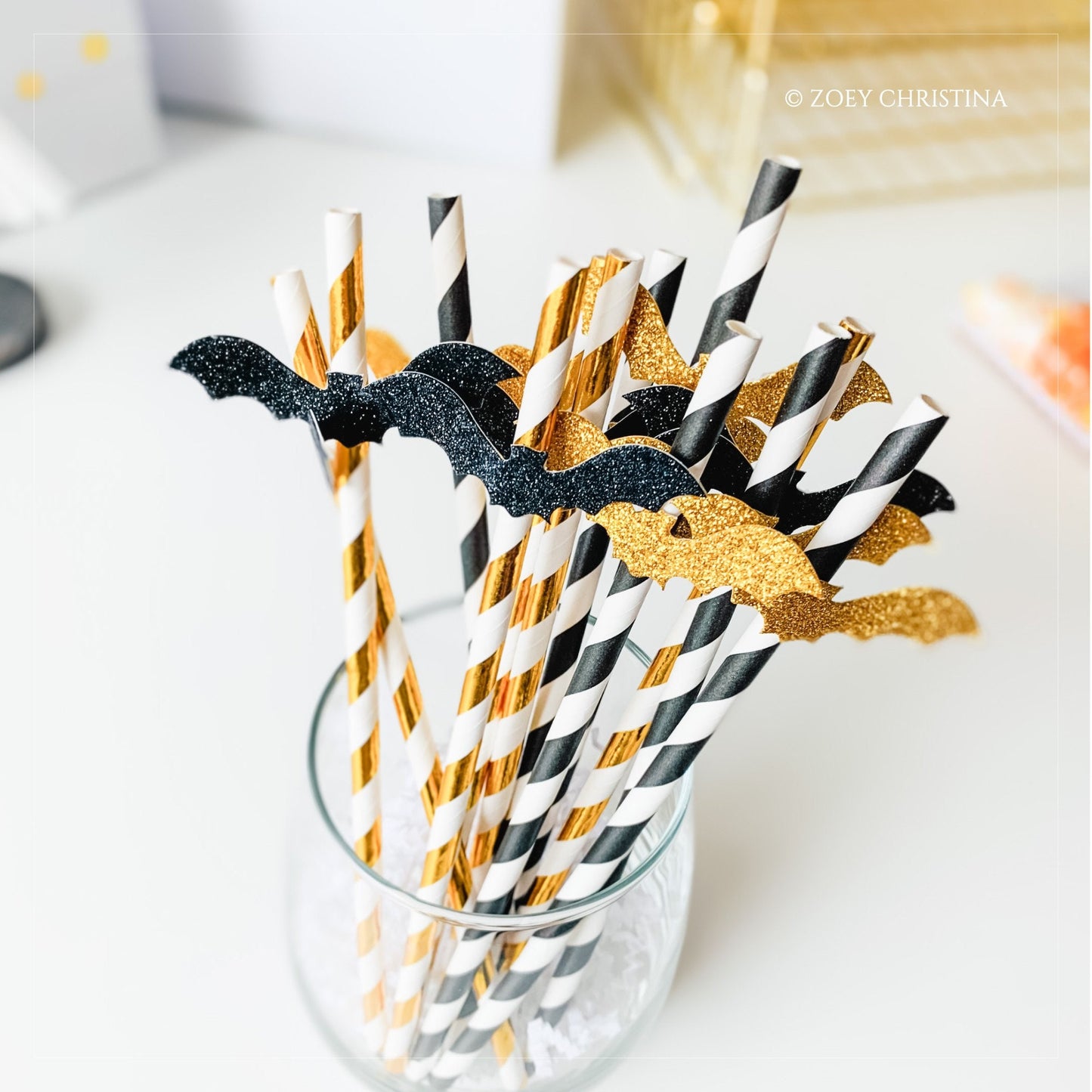 Gold & Black Paper Straws – 12-Pack with Glitter Bat Cutouts