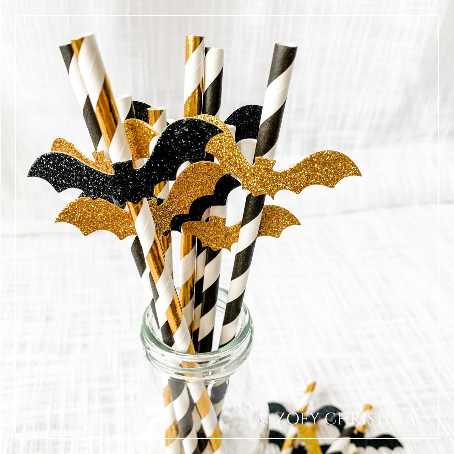 Gold & Black Paper Straws – 12-Pack with Glitter Bat Cutouts