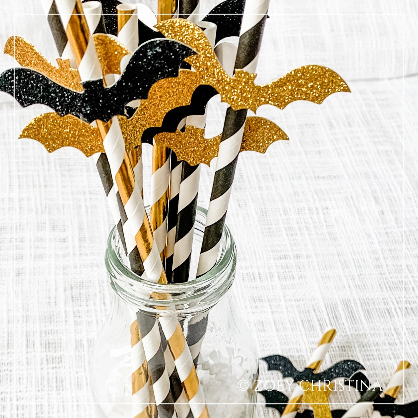 Gold & Black Paper Straws – 12-Pack with Glitter Bat Cutouts