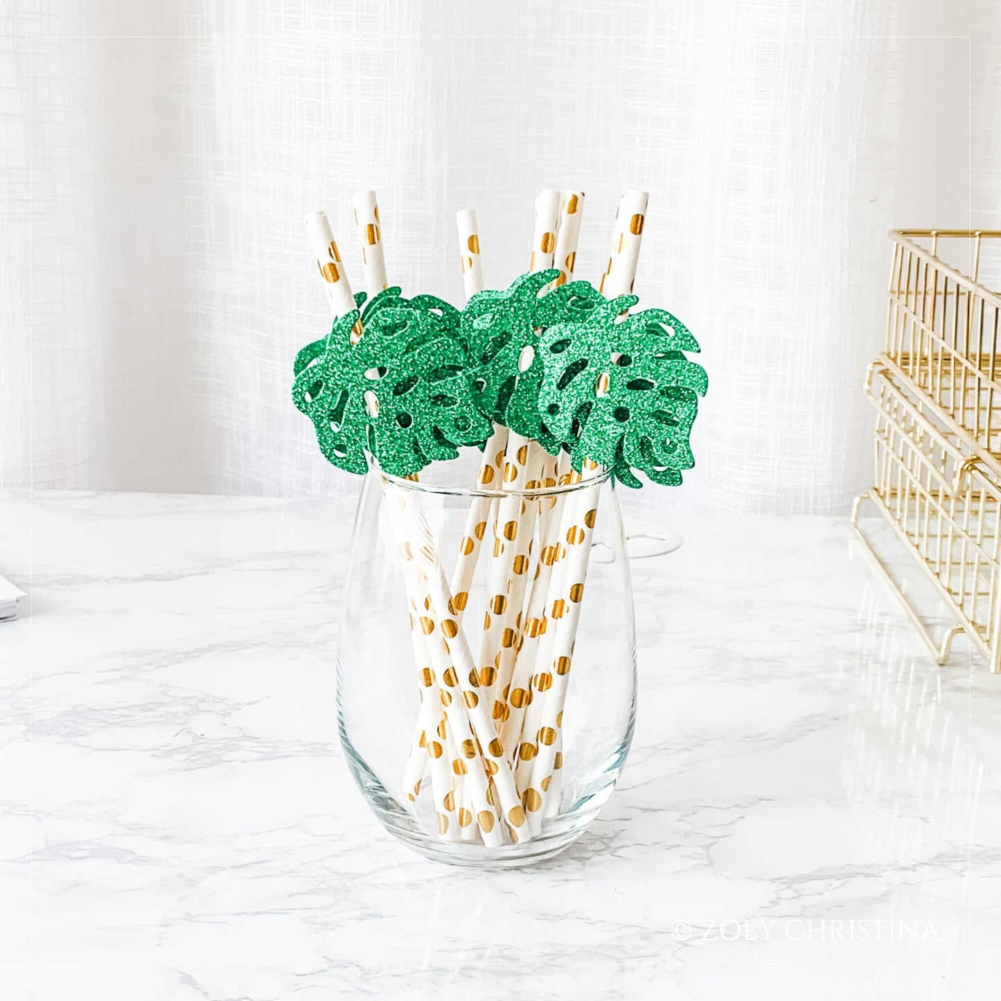 🌿 Gold & Green Monstera Leaf Paper Straws – 12 Pack – Tropical Party Decor