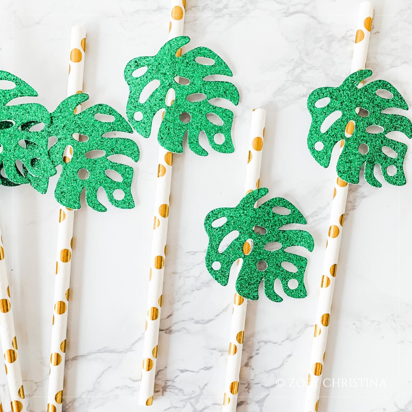 🌿 Gold & Green Monstera Leaf Paper Straws – 12 Pack – Tropical Party Decor