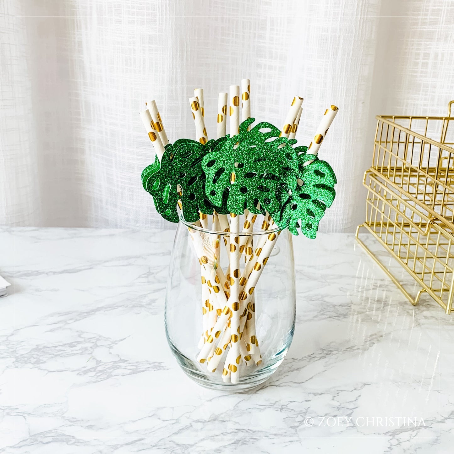 🌿 Gold & Green Monstera Leaf Paper Straws – 12 Pack – Tropical Party Decor