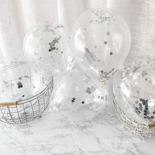 Clear Balloons with Silver Star Confetti – Celestial & Elegant Decor