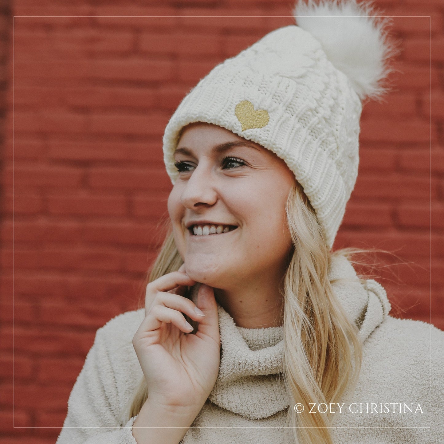 Winter Beanie Pom Hat - Heart Embellishment