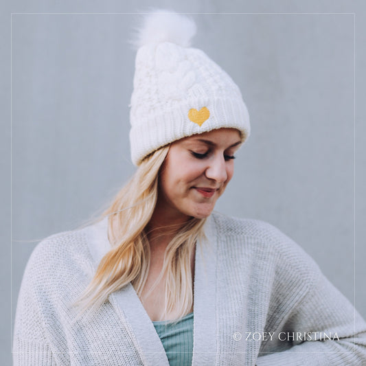 Winter Beanie Pom Hat - Heart Embellishment