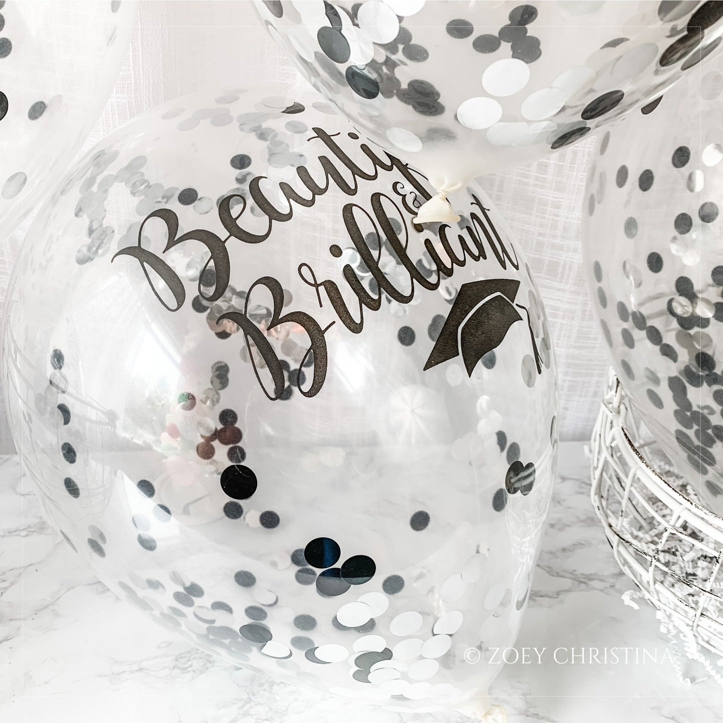 Graduation Celebration Balloon – Black & Silver Confetti with "Beautiful and Brilliant" Print