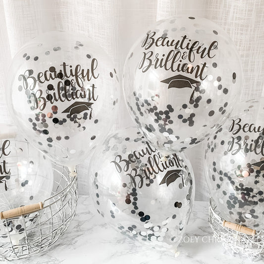 Graduation Celebration Balloon – Black & Silver Confetti with "Beautiful and Brilliant" Print
