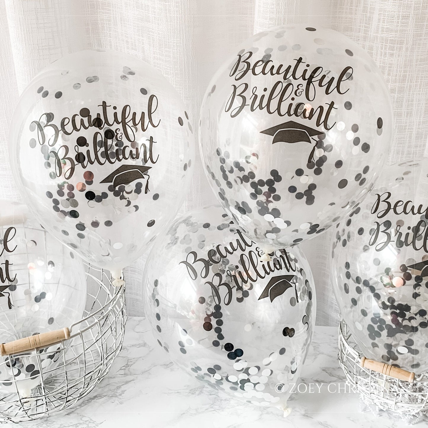 Graduation Celebration Balloon – Black & Silver Confetti with "Beautiful and Brilliant" Print