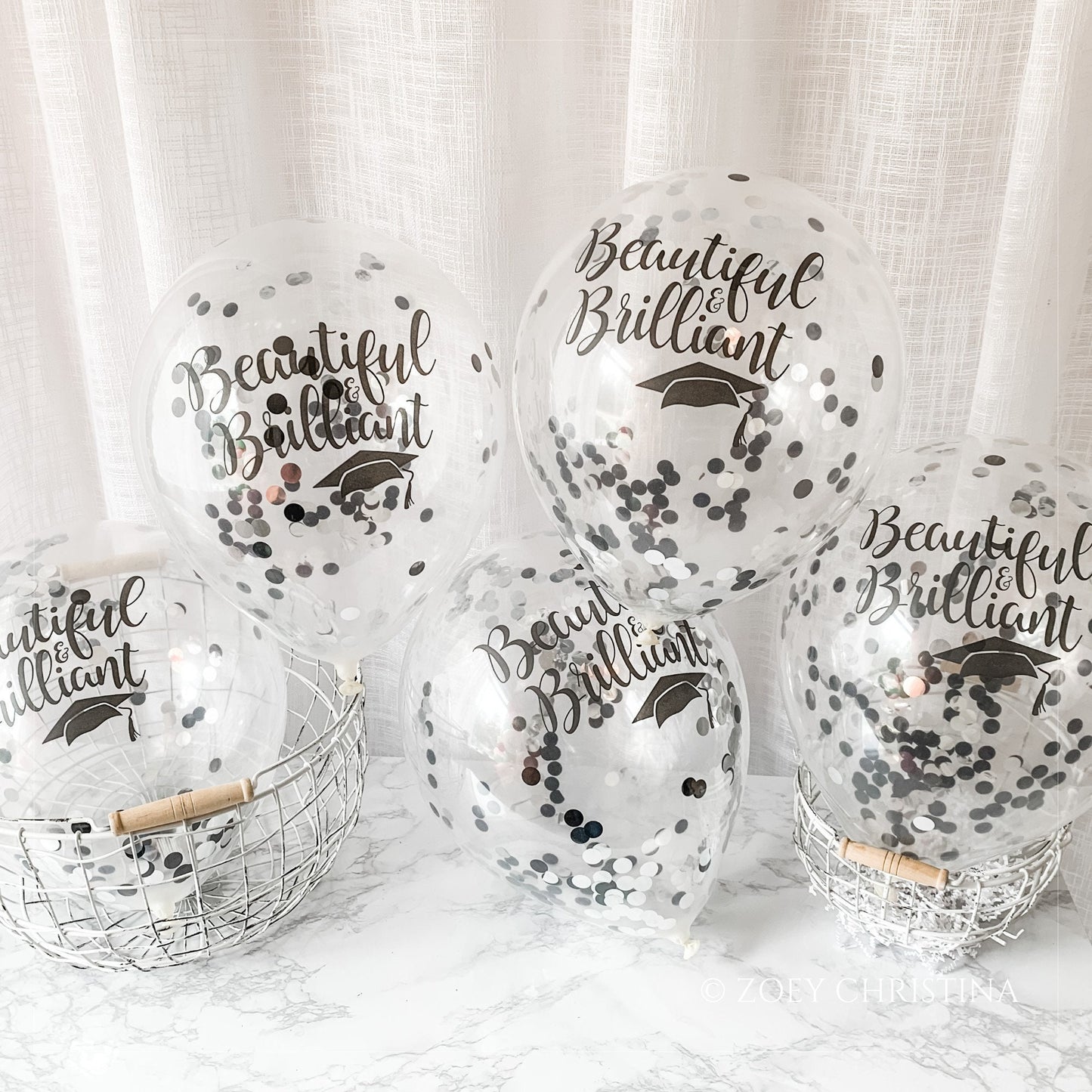 Graduation Celebration Balloon – Black & Silver Confetti with "Beautiful and Brilliant" Print