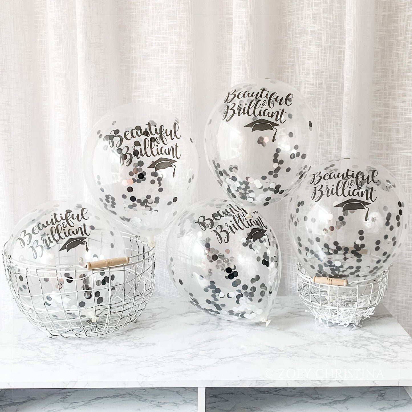 Graduation Celebration Balloon – Black & Silver Confetti with "Beautiful and Brilliant" Print