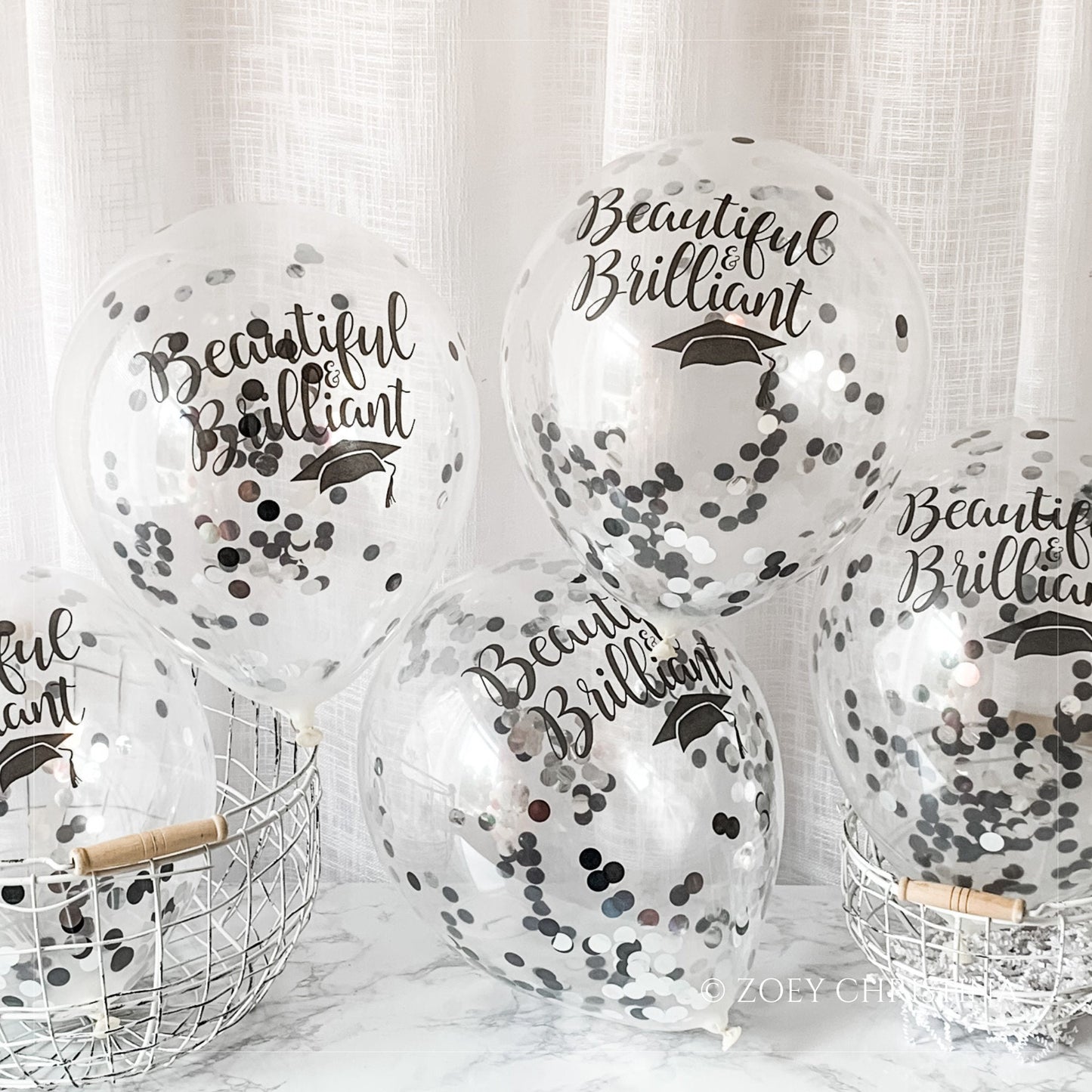 Graduation Celebration Balloon – Black & Silver Confetti with "Beautiful and Brilliant" Print