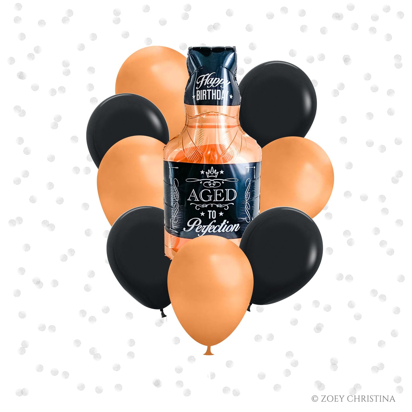 Whiskey Balloon Bouquet – Black & Copper Latex + Foil Whiskey Bottle Balloon