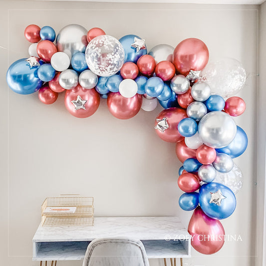Patriotic Balloon Arch – Chrome & Confetti Balloons for Independence Day Party
