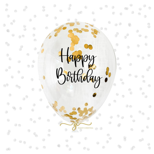 Happy Birthday Confetti Balloons – 12” Clear Latex with Gold or Rose Gold Confetti