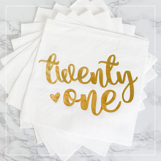 21st Birthday Napkins – White with Gold Foil “Twenty One” | 20-Pack