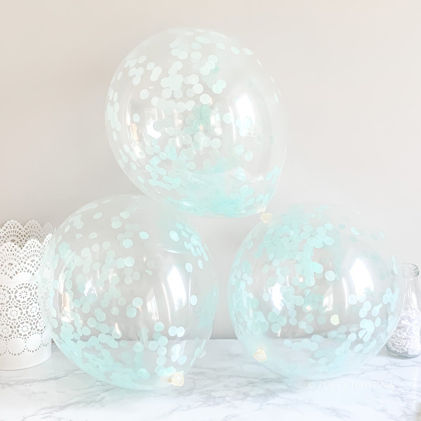 Light Mint Confetti Balloons – 12" Clear Latex Balloons for Parties & Events