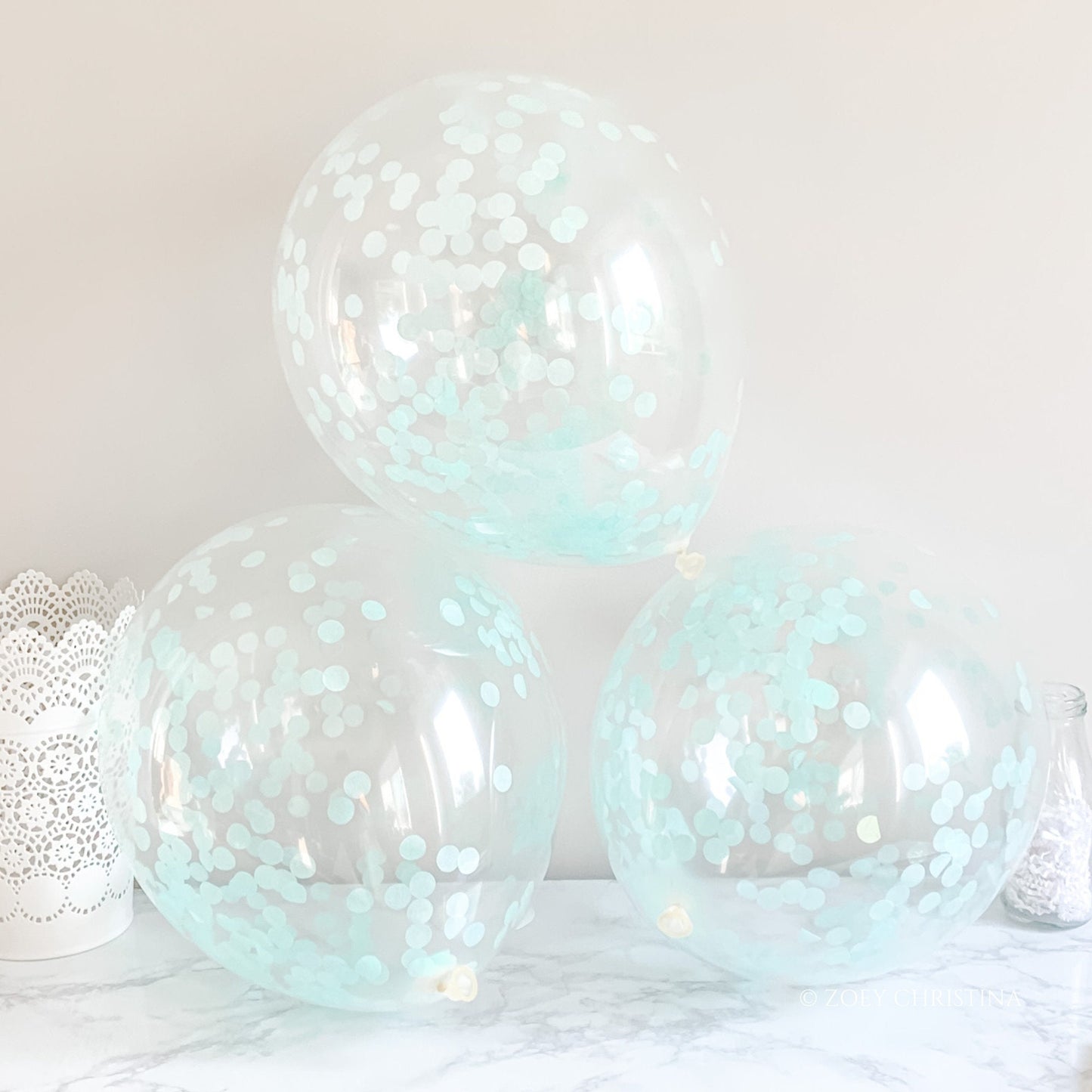 Light Mint Confetti Balloons – 12" Clear Latex Balloons for Parties & Events