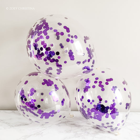 Purple Foil Confetti Balloons – 12" Clear Latex Balloons for Parties & Events