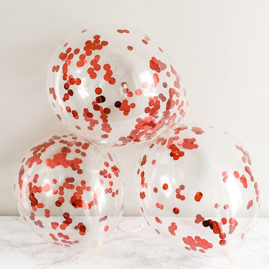 Red Confetti Balloons – Clear Latex Balloons with Red Foil for Nurse & Cherry Parties