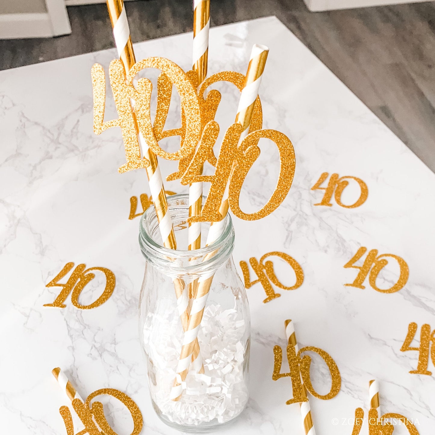 40th Birthday Paper Straws with Glitter "40" Cutouts – 12-Pack