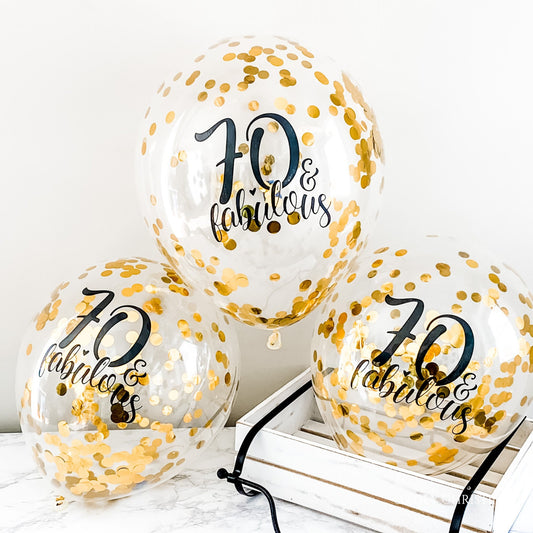 70 & Fabulous Confetti Balloons – 12" Gold or Rose Gold 70th Birthday Decor