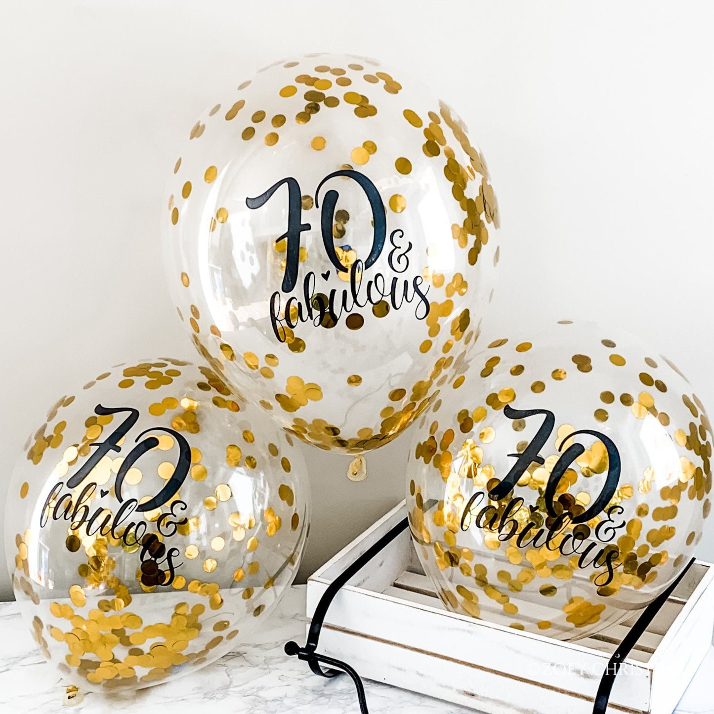 70 & Fabulous Confetti Balloons – 12" Gold or Rose Gold 70th Birthday Decor