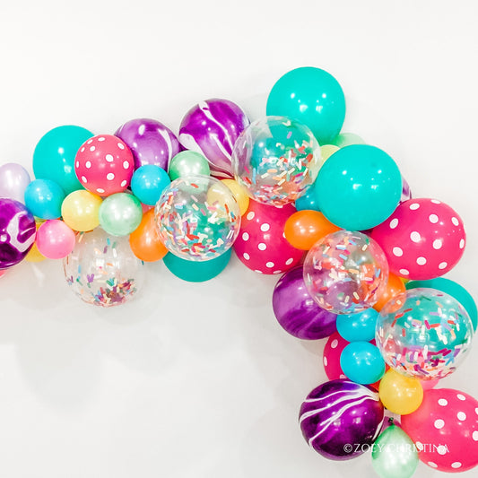 Candy-Themed Balloon Garland – Bright & Fun Balloons with Polka Dots & Marble Patterns