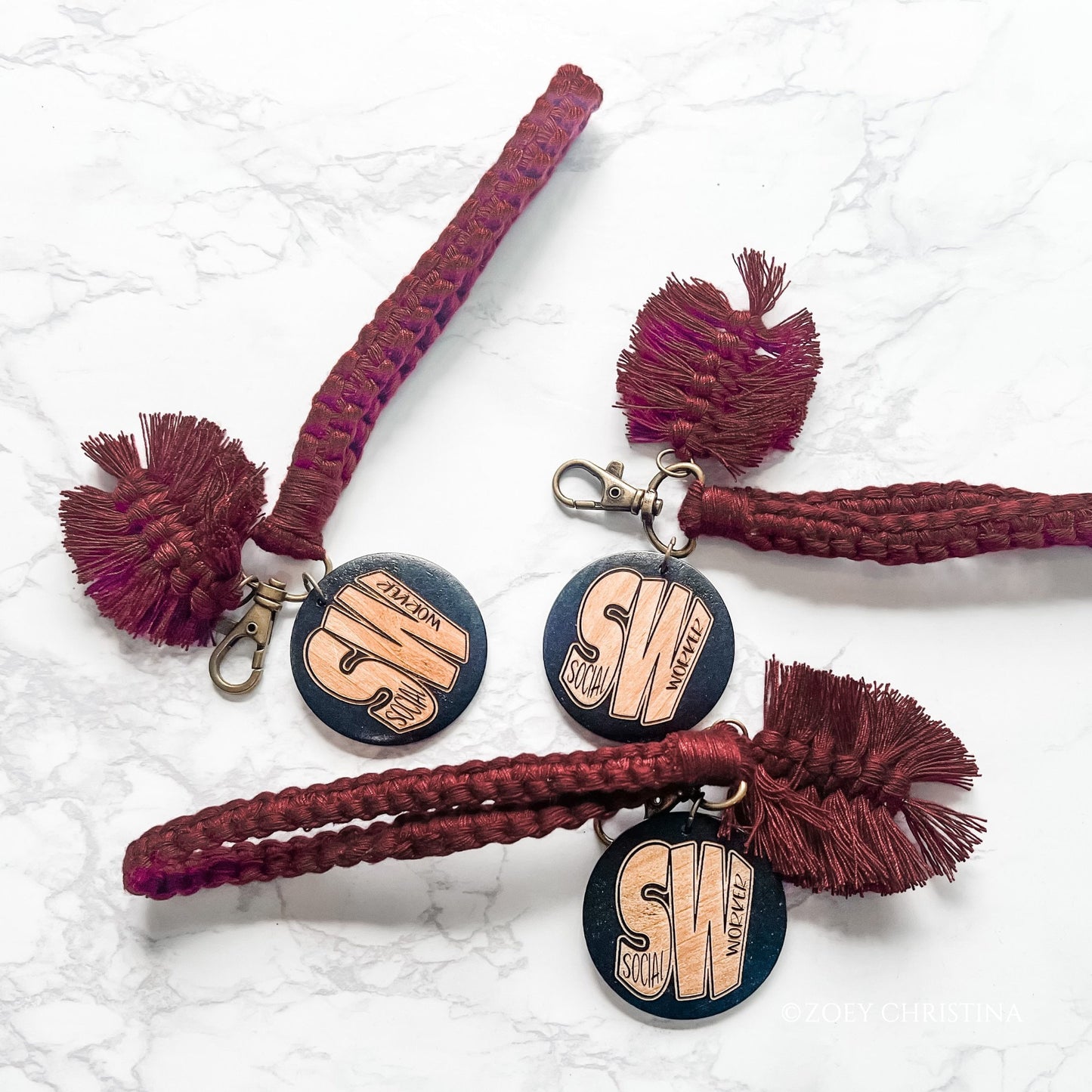 Social Worker Gift – Macrame Keychain with Engraved Wooden Disc (3 Colors)