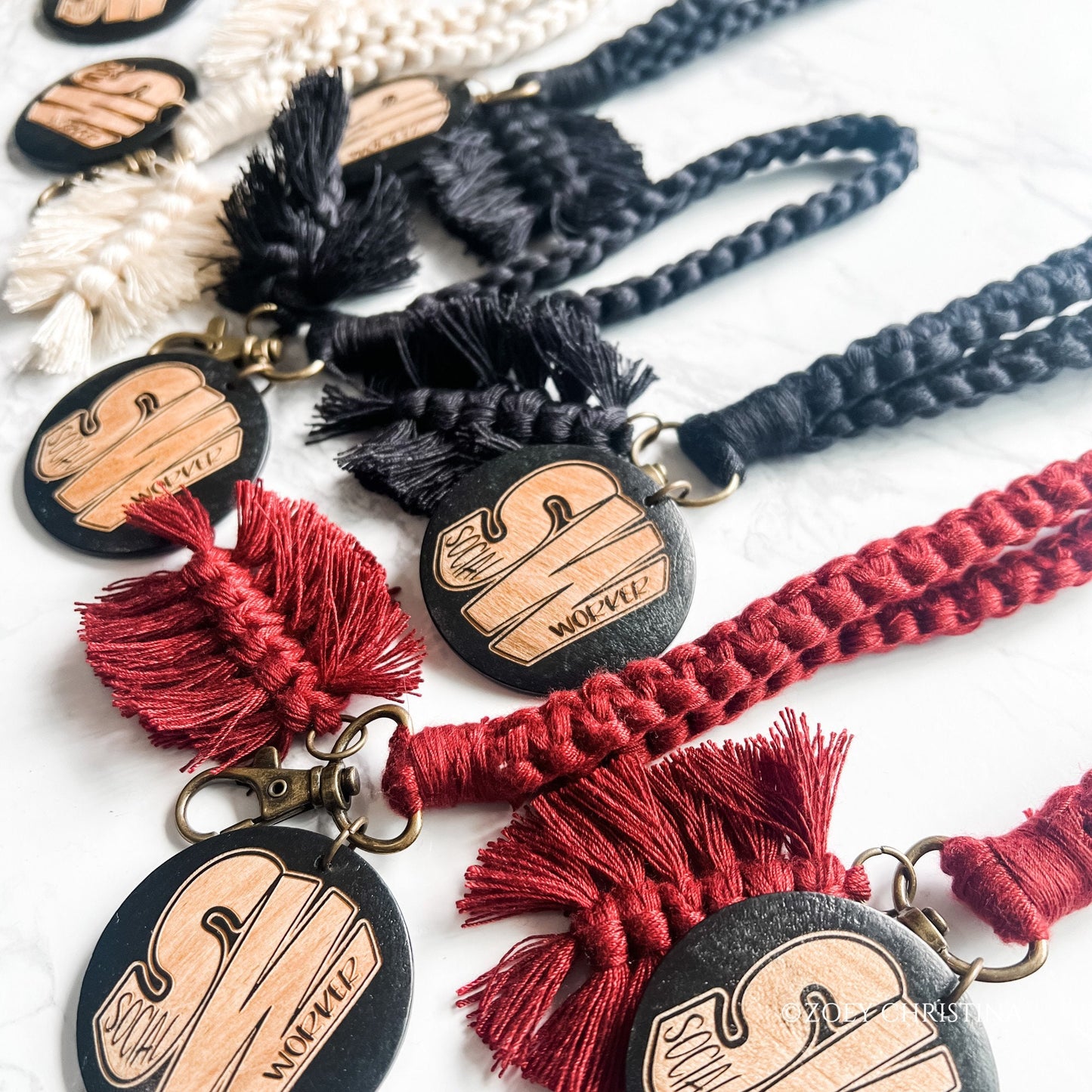 Social Worker Gift – Macrame Keychain with Engraved Wooden Disc (3 Colors)